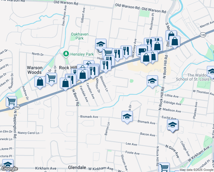 map of restaurants, bars, coffee shops, grocery stores, and more near 824 Blossom Lane in St. Louis