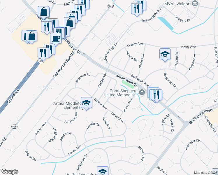 map of restaurants, bars, coffee shops, grocery stores, and more near 1013 Floyd Avenue in Waldorf