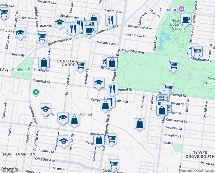 map of restaurants, bars, coffee shops, grocery stores, and more near 2927 South Kingshighway Boulevard in St. Louis