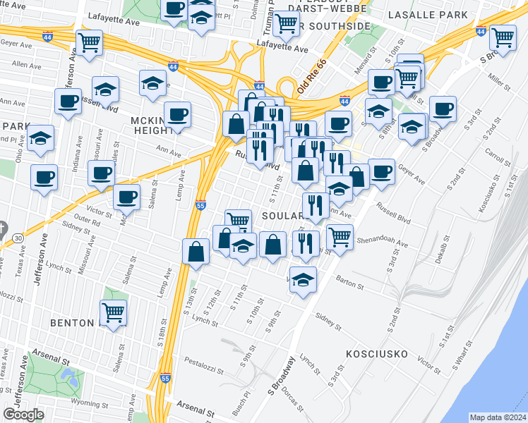 map of restaurants, bars, coffee shops, grocery stores, and more near 2305 South 11th Street in St. Louis
