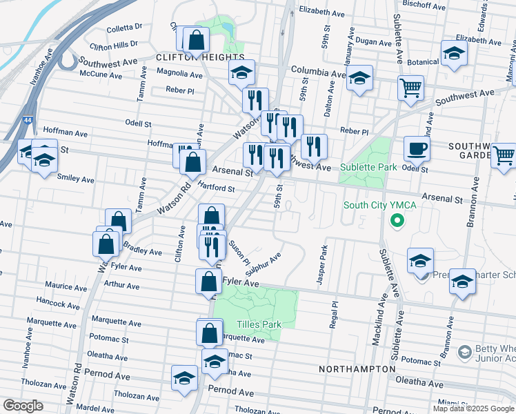 map of restaurants, bars, coffee shops, grocery stores, and more near 5931 Juniata Street in St. Louis