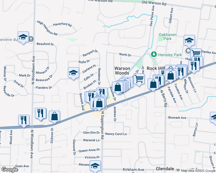 map of restaurants, bars, coffee shops, grocery stores, and more near 1501 Andrew Drive in Saint Louis
