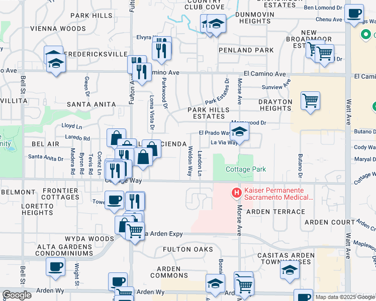 map of restaurants, bars, coffee shops, grocery stores, and more near 2213 Weldon Way in Sacramento