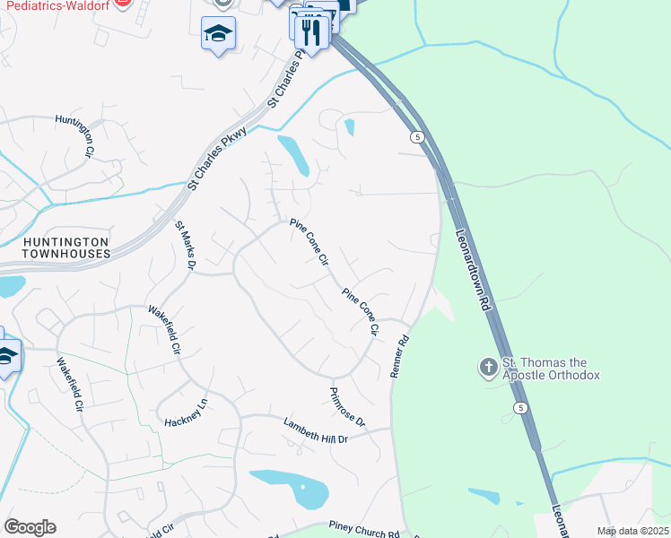 map of restaurants, bars, coffee shops, grocery stores, and more near 3493 Pine Cone Circle in Waldorf