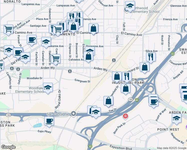 map of restaurants, bars, coffee shops, grocery stores, and more near 2170 Evergreen Street in Sacramento