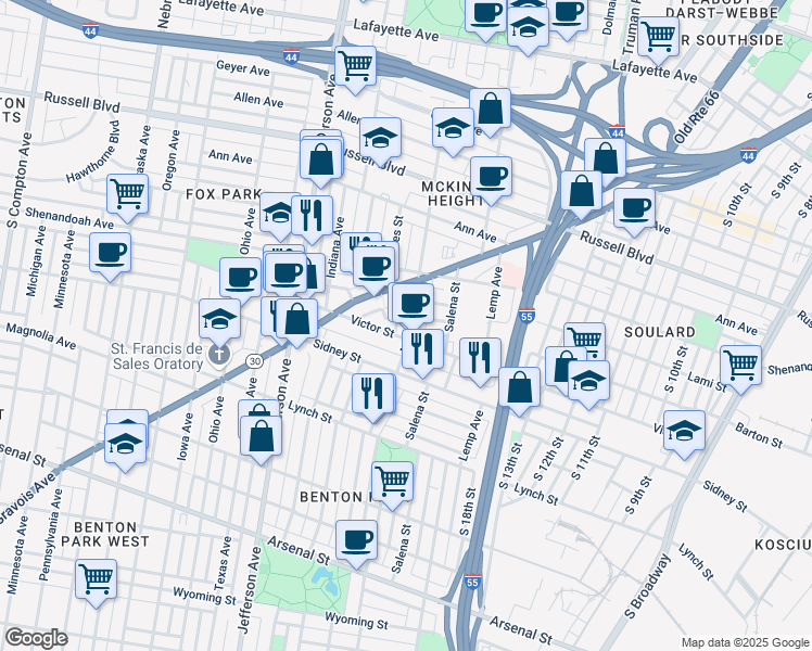 map of restaurants, bars, coffee shops, grocery stores, and more near 2427 McNair Avenue in St. Louis