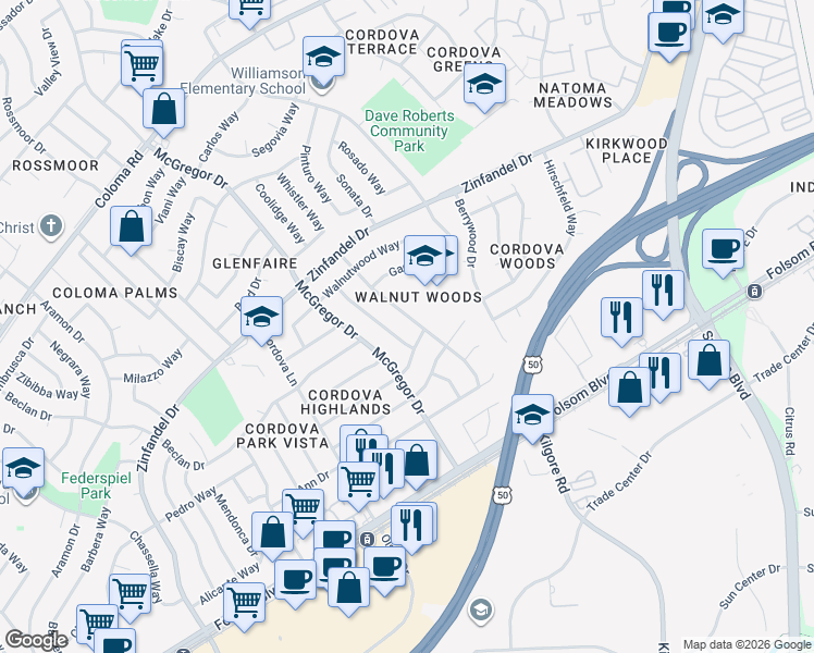 map of restaurants, bars, coffee shops, grocery stores, and more near 2548 Queenwood Drive in Rancho Cordova