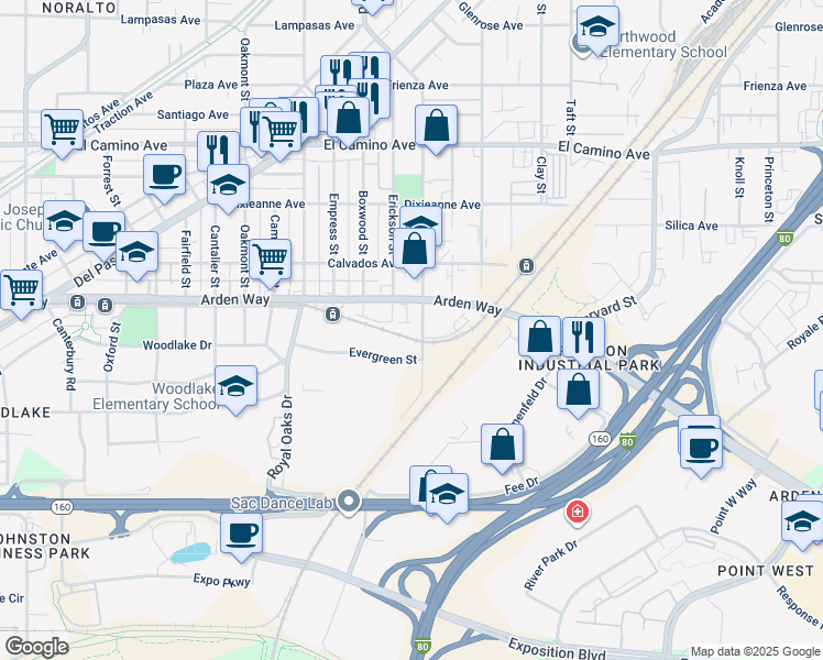map of restaurants, bars, coffee shops, grocery stores, and more near 960 Arden Way in Sacramento