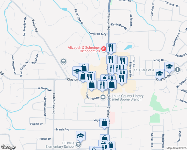 map of restaurants, bars, coffee shops, grocery stores, and more near 15945 Clayton Road in Ballwin
