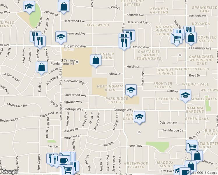 map of restaurants, bars, coffee shops, grocery stores, and more near 4644 Nottingham Circle in Sacramento