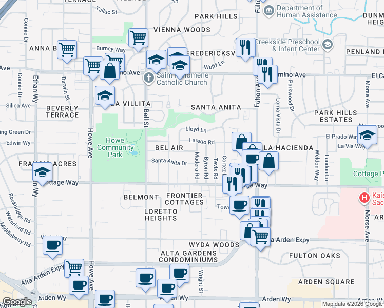 map of restaurants, bars, coffee shops, grocery stores, and more near 2360 Lansing Way in Sacramento