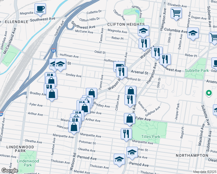 map of restaurants, bars, coffee shops, grocery stores, and more near 3179 Watson Road in St. Louis