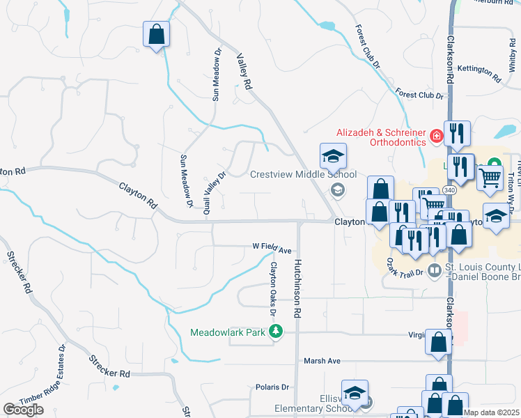 map of restaurants, bars, coffee shops, grocery stores, and more near 406 Clayton Hollow Drive in Chesterfield