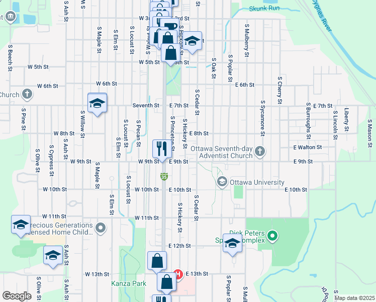 map of restaurants, bars, coffee shops, grocery stores, and more near 831 South Hickory Street in Ottawa