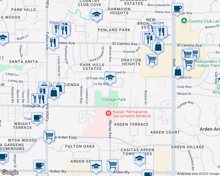 map of restaurants, bars, coffee shops, grocery stores, and more near 2221 Morse Avenue in Sacramento