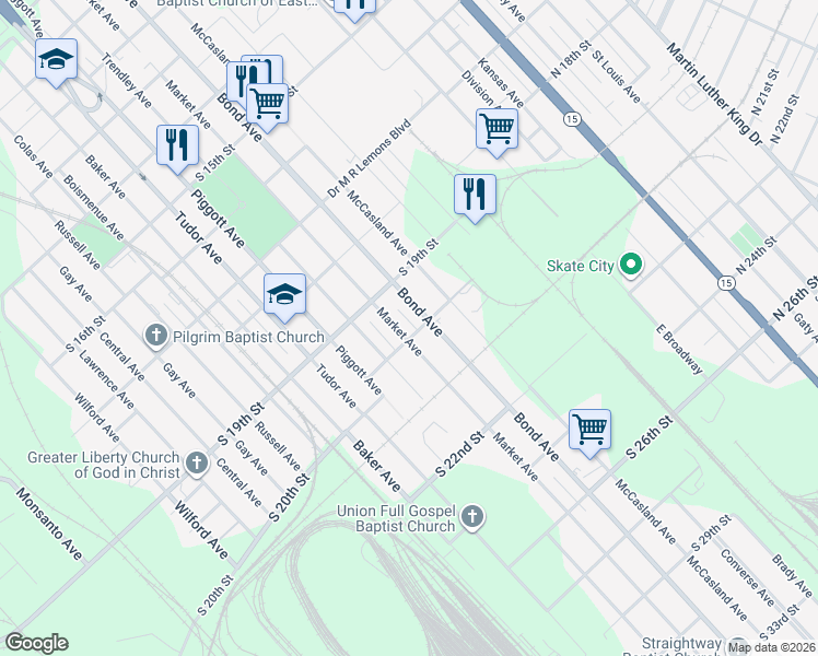 map of restaurants, bars, coffee shops, grocery stores, and more near 1937 Market Avenue in East St. Louis