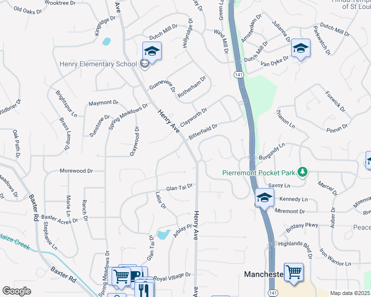 map of restaurants, bars, coffee shops, grocery stores, and more near 659 Henry Avenue in Ballwin