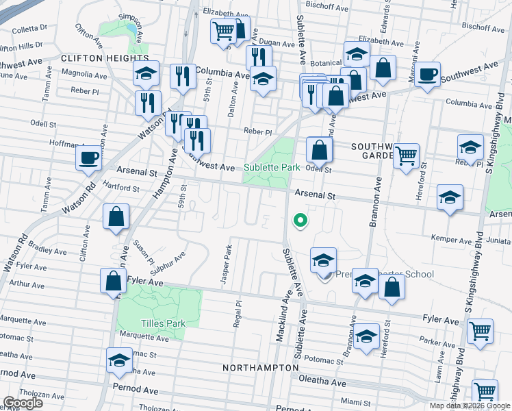 map of restaurants, bars, coffee shops, grocery stores, and more near 3131 Harlequin Lane in St. Louis