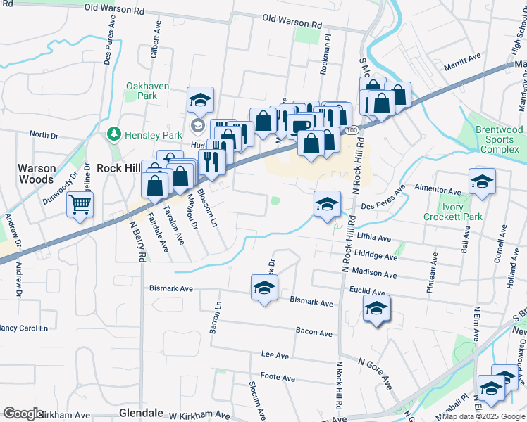 map of restaurants, bars, coffee shops, grocery stores, and more near 9700 Mueck Terrace in St. Louis