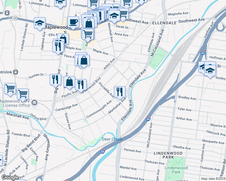 map of restaurants, bars, coffee shops, grocery stores, and more near 3364 Oxford Boulevard in Maplewood