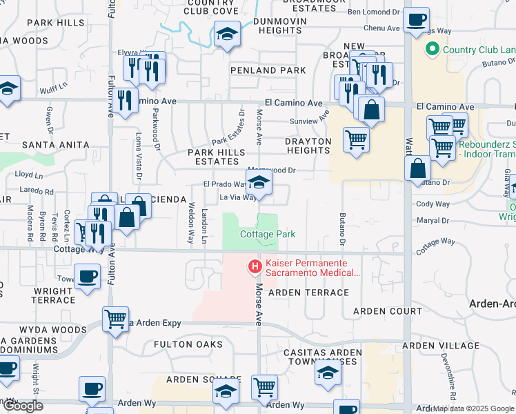 map of restaurants, bars, coffee shops, grocery stores, and more near 3185 Ellington Circle in Sacramento