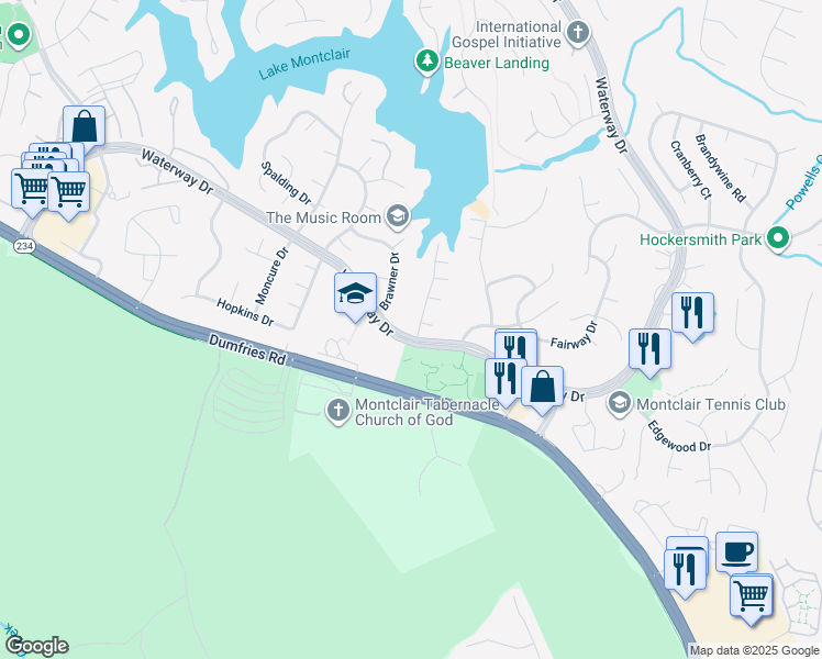 map of restaurants, bars, coffee shops, grocery stores, and more near 15998 Cove Lane in Montclair