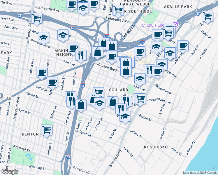 map of restaurants, bars, coffee shops, grocery stores, and more near 2305 South 11th Street in St. Louis