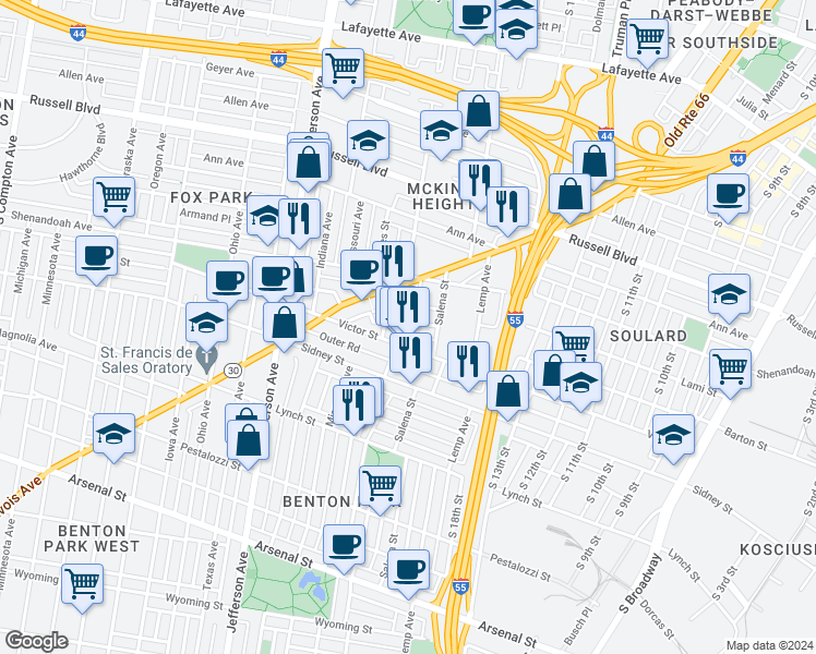 map of restaurants, bars, coffee shops, grocery stores, and more near 2020 James Street in St. Louis