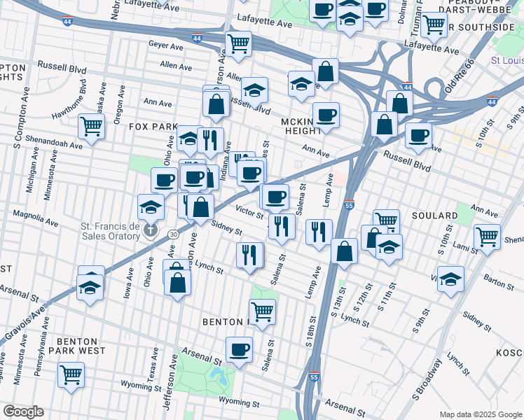 map of restaurants, bars, coffee shops, grocery stores, and more near 2123 Victor Street in St. Louis