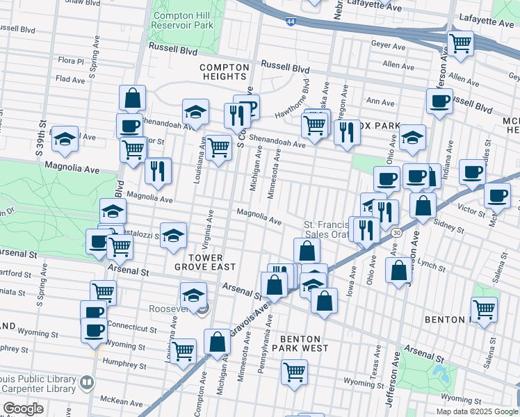 map of restaurants, bars, coffee shops, grocery stores, and more near 2651 Minnesota Avenue in St. Louis