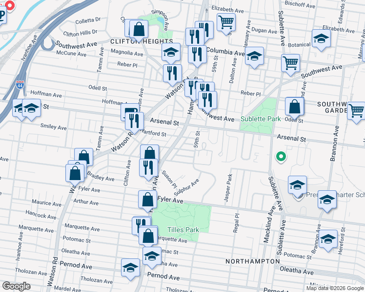 map of restaurants, bars, coffee shops, grocery stores, and more near 3138 Hampton Avenue in St. Louis