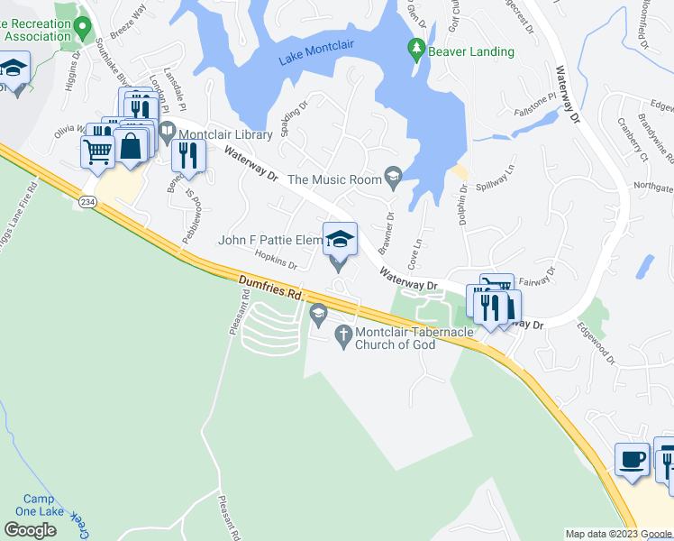 map of restaurants, bars, coffee shops, grocery stores, and more near 16125 Dumfries Road in Dumfries