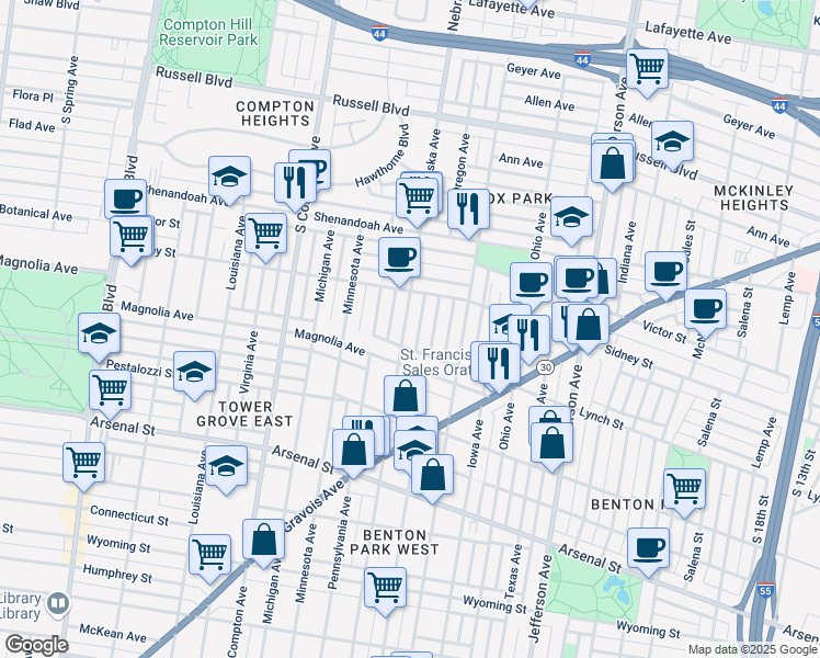 map of restaurants, bars, coffee shops, grocery stores, and more near 2648 Nebraska Avenue in St. Louis