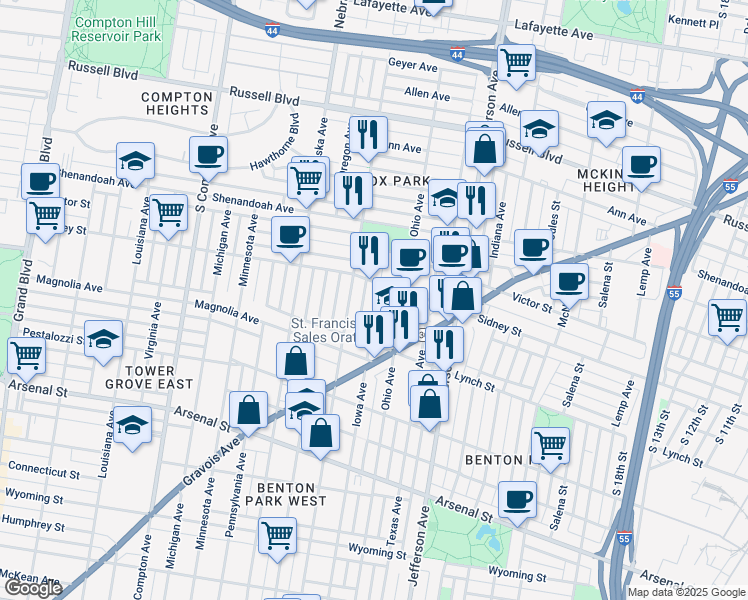 map of restaurants, bars, coffee shops, grocery stores, and more near 2617 Iowa Avenue in St. Louis