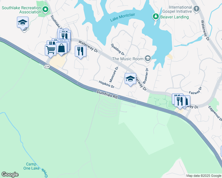 map of restaurants, bars, coffee shops, grocery stores, and more near 4707 Hopkins Drive in Dumfries