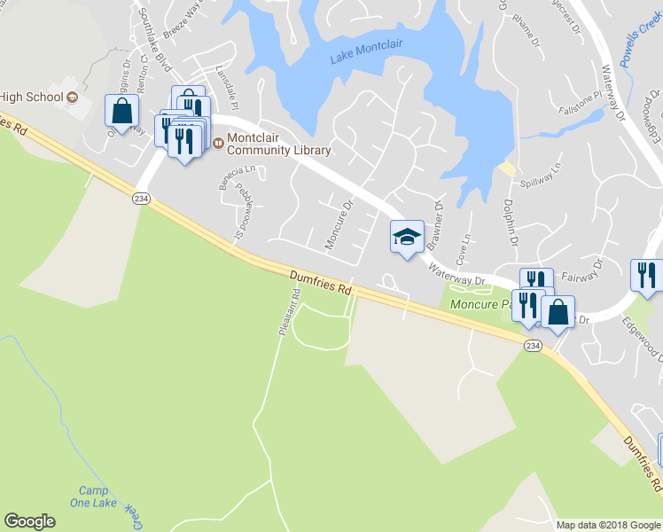 map of restaurants, bars, coffee shops, grocery stores, and more near 4707 Hopkins Drive in Dumfries