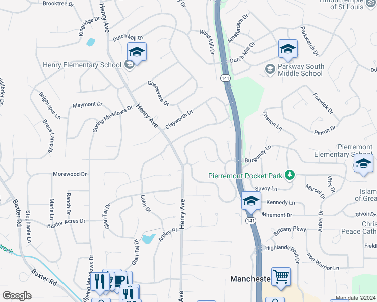 map of restaurants, bars, coffee shops, grocery stores, and more near 718 Chancellor Heights Drive in Ballwin