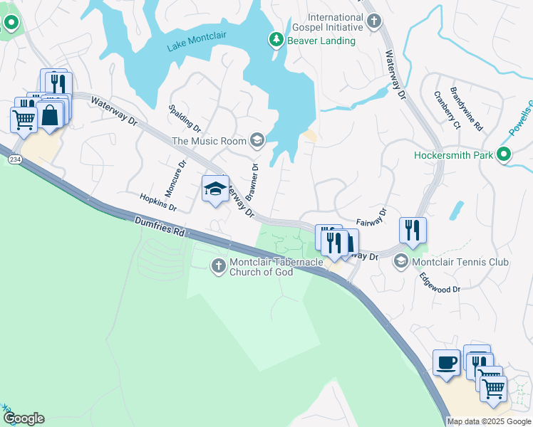 map of restaurants, bars, coffee shops, grocery stores, and more near 15998 Cove Lane in Montclair