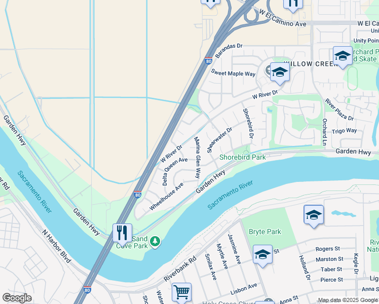 map of restaurants, bars, coffee shops, grocery stores, and more near 14 Paddle Wheel Court in Sacramento