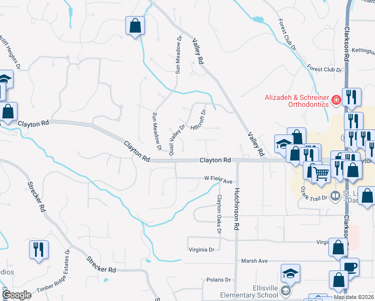 map of restaurants, bars, coffee shops, grocery stores, and more near 16220 Birchbrook Court in Wildwood