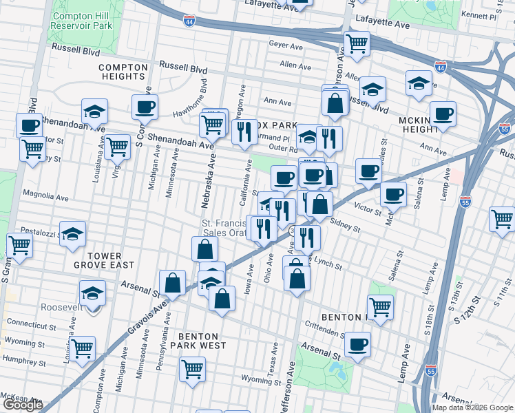 map of restaurants, bars, coffee shops, grocery stores, and more near 2617 Iowa Avenue in St. Louis