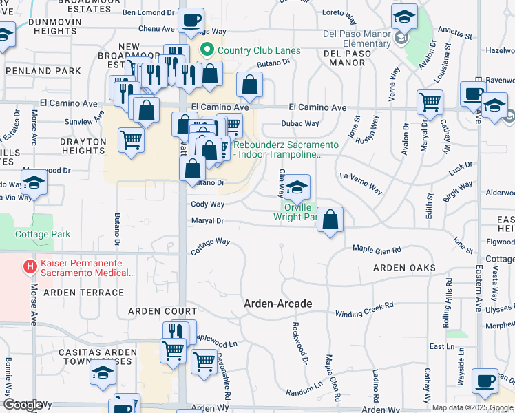 map of restaurants, bars, coffee shops, grocery stores, and more near 3719 Atwater Road in Sacramento