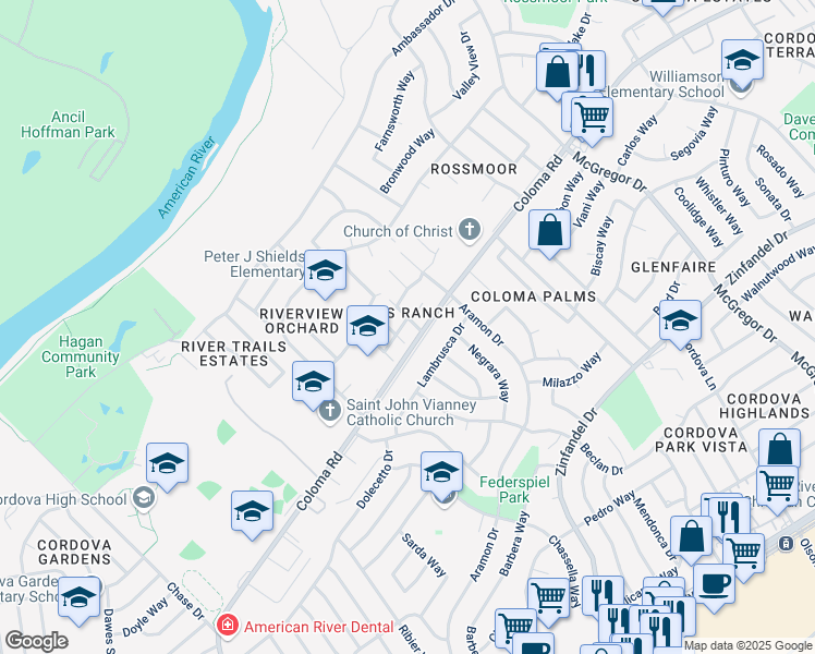 map of restaurants, bars, coffee shops, grocery stores, and more near 2332 Mills Ranch Way in Rancho Cordova