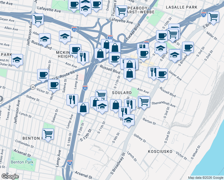 map of restaurants, bars, coffee shops, grocery stores, and more near 2305 South 11th Street in St. Louis