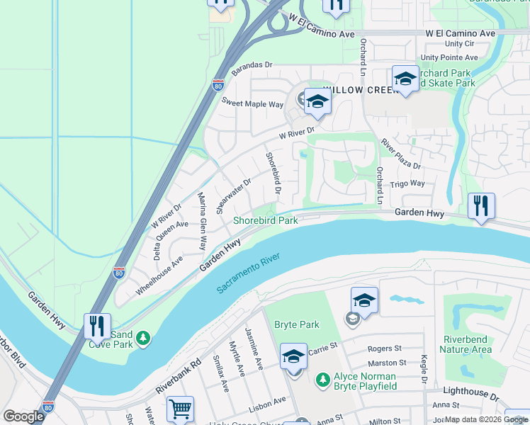 map of restaurants, bars, coffee shops, grocery stores, and more near 3200 Kittiwake Drive in Sacramento