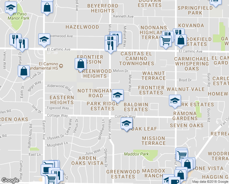 map of restaurants, bars, coffee shops, grocery stores, and more near 2228 Mission Avenue in Carmichael