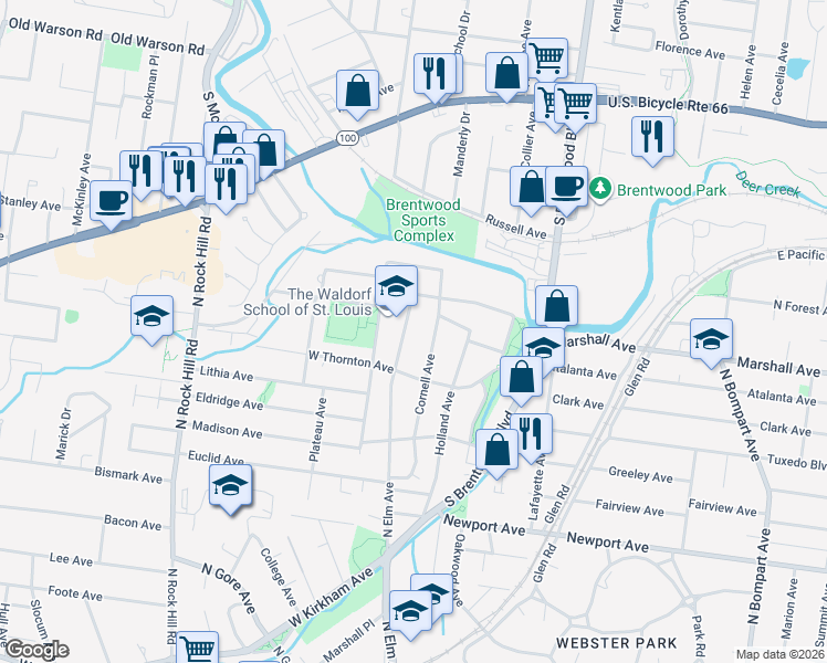 map of restaurants, bars, coffee shops, grocery stores, and more near 910 North Elm Avenue in Webster Groves