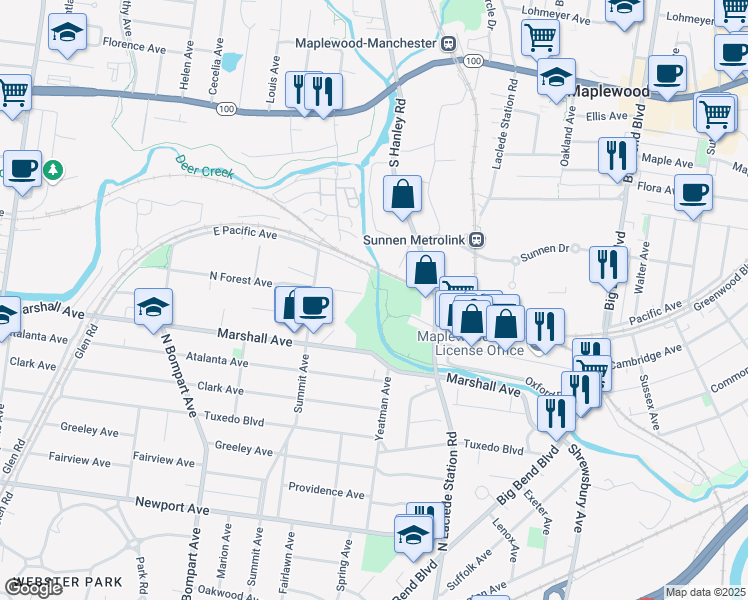 map of restaurants, bars, coffee shops, grocery stores, and more near 850 North Forest Avenue in Webster Groves