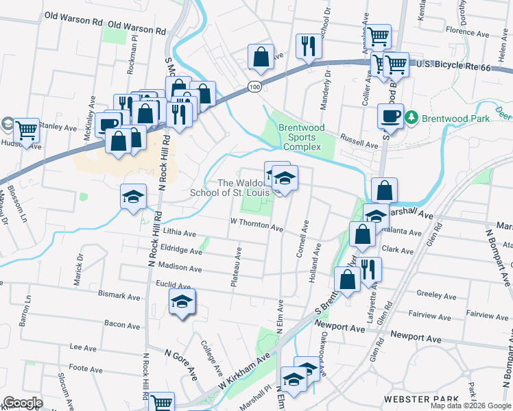 map of restaurants, bars, coffee shops, grocery stores, and more near 106 Almentor Avenue in Webster Groves