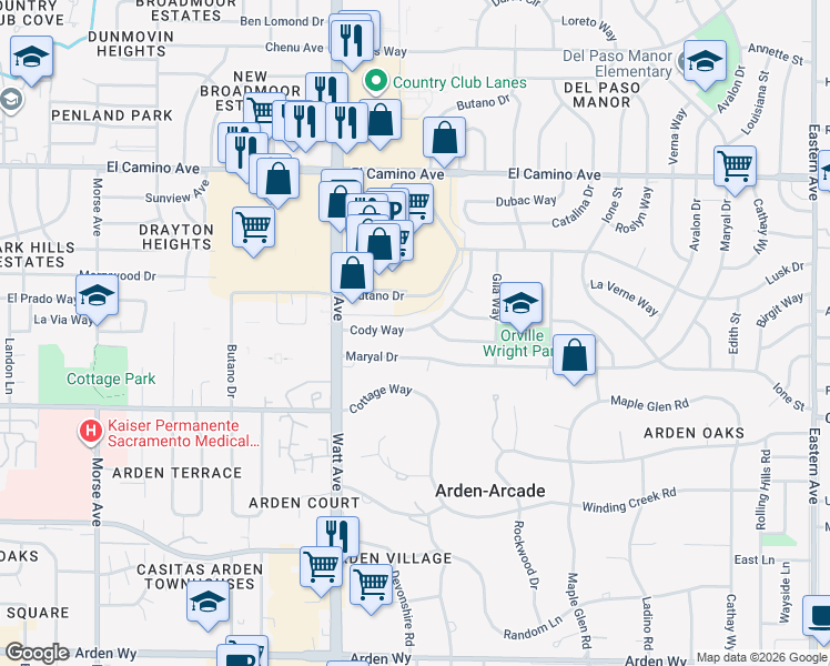 map of restaurants, bars, coffee shops, grocery stores, and more near 3548 Cody Way in Sacramento